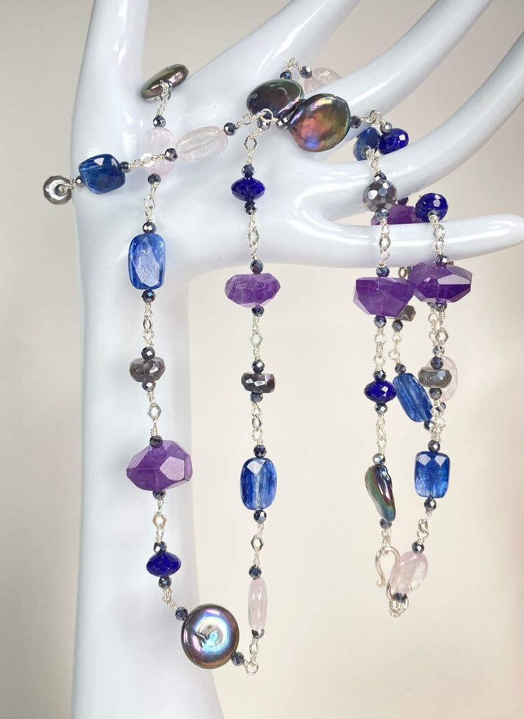 Long Blue Violet Necklace Amethyst Kyanite Kunzite Coin Pearl Sterling Silver