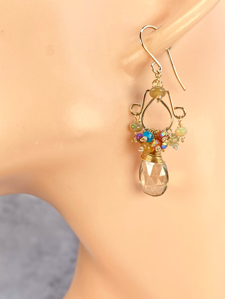 Mystic Smokey Quartz, Colorful Gemstones, Chandelier Earrings, 14k Gold Fill