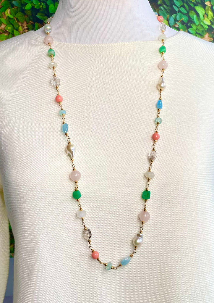 Multi Gemstone Pastel Long Necklace with Herkimer Diamond Aquamarine Gold