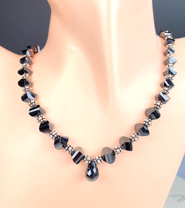 Black Spinel Pendant Necklace with Sterling Silver Bali Spacers