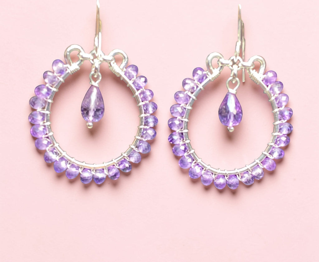 Lavender Pink Amethyst Chandelier Hoop Earrings Sterling Silver - Doolittle