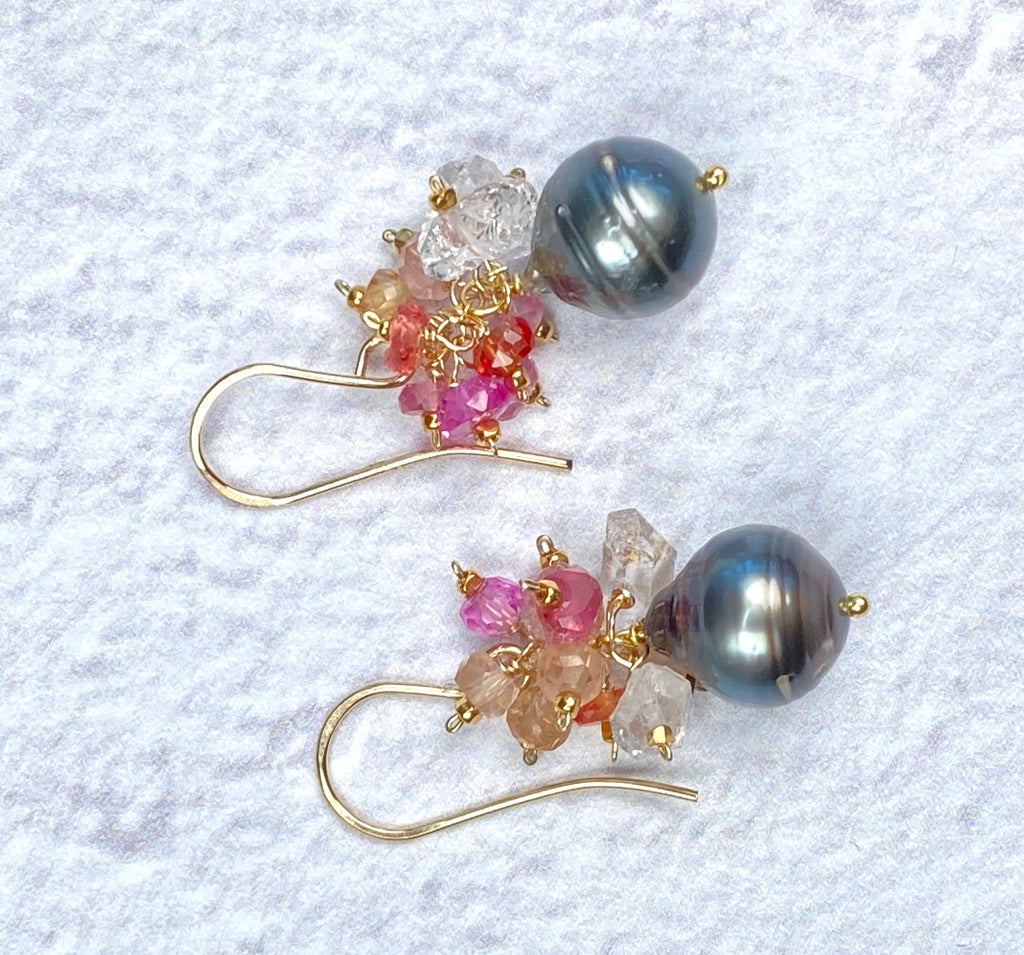 Tahitian Pearl Cluster Earrings with Padparadscha Sapphire & Herkimer Diamond Quartz, Gold Fill