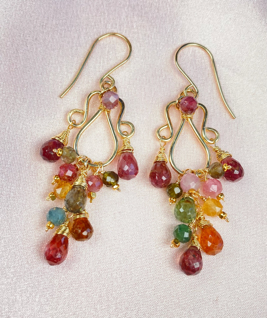Autumn Tourmaline Chandelier Earrings — Pink, Olive & Honey, Gold Fill