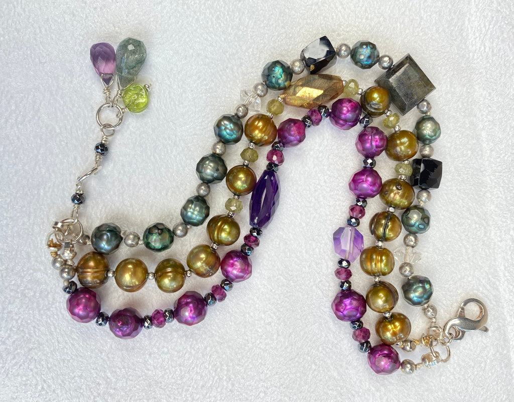 Colorful Triple-Strand Pearl & Gemstone Clasp Bracelet