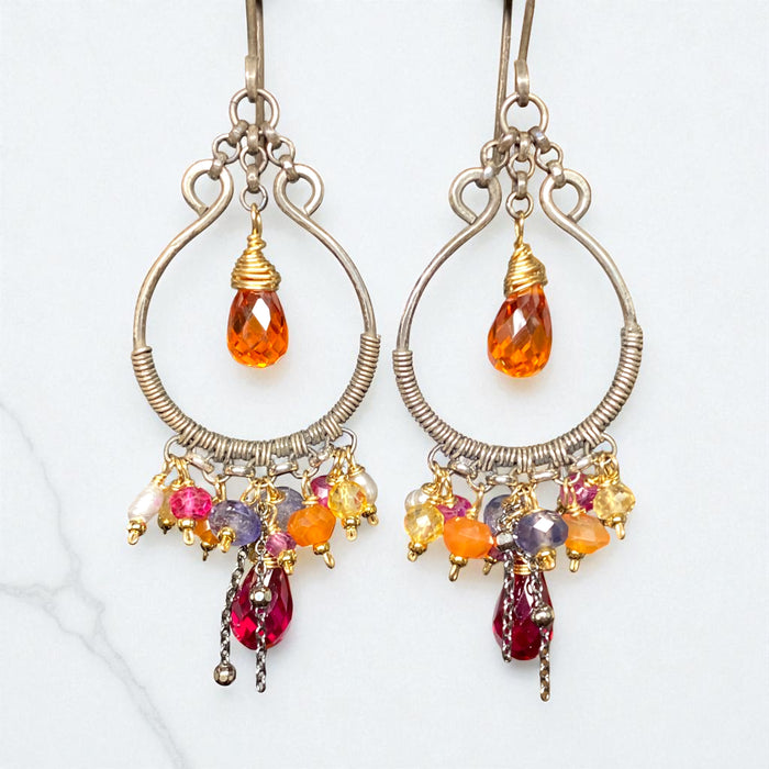 Multi Gemstone Mixed Metal Hoop Chandelier Earrings