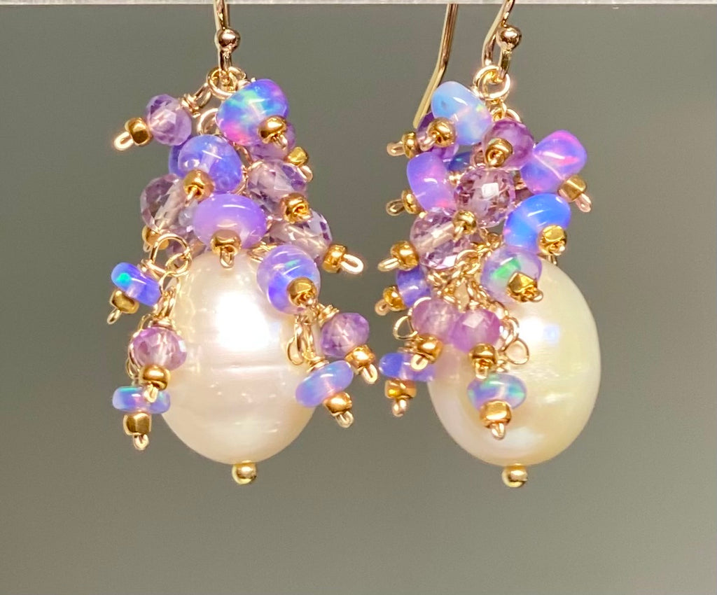 Lavender Blue Opal and Pearl Cluster Earrings, Gold Fill