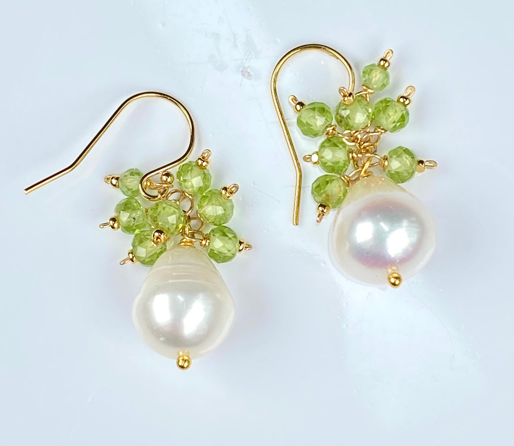 Peridot and Pearl Cluster Earrings, Silver or Gold Fill, 14k Gold Fill - Doolittle