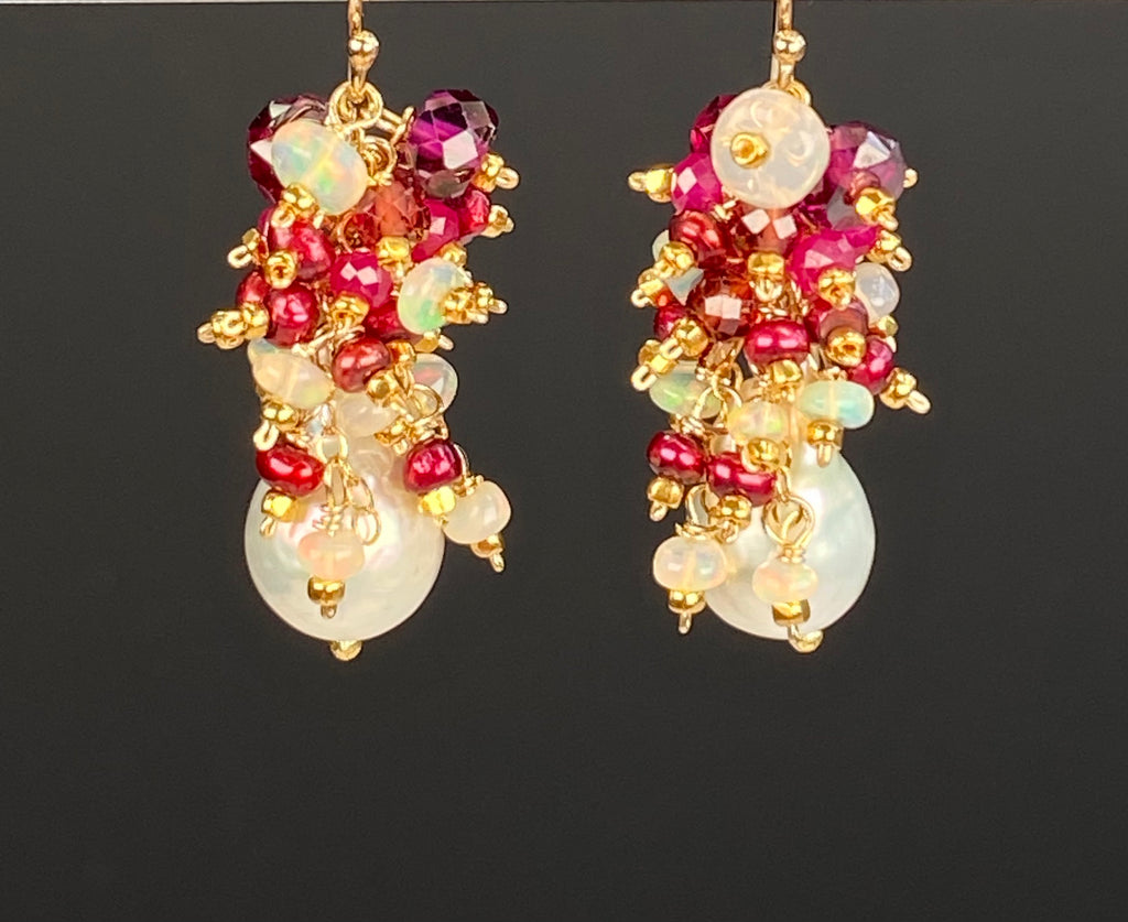 Baroque Pearl Earrings with Rubies, Red Opal and Fiery AAA Ethiopian Opals