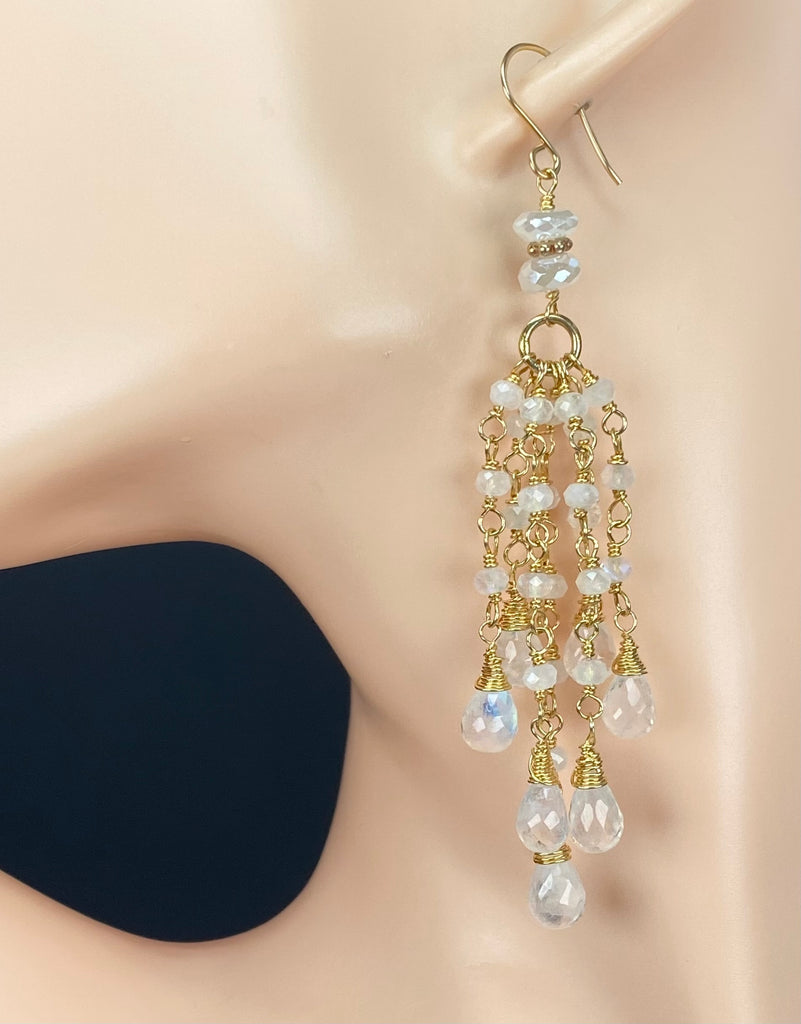 Rainbow Moonstone Tassel Earrings Gold