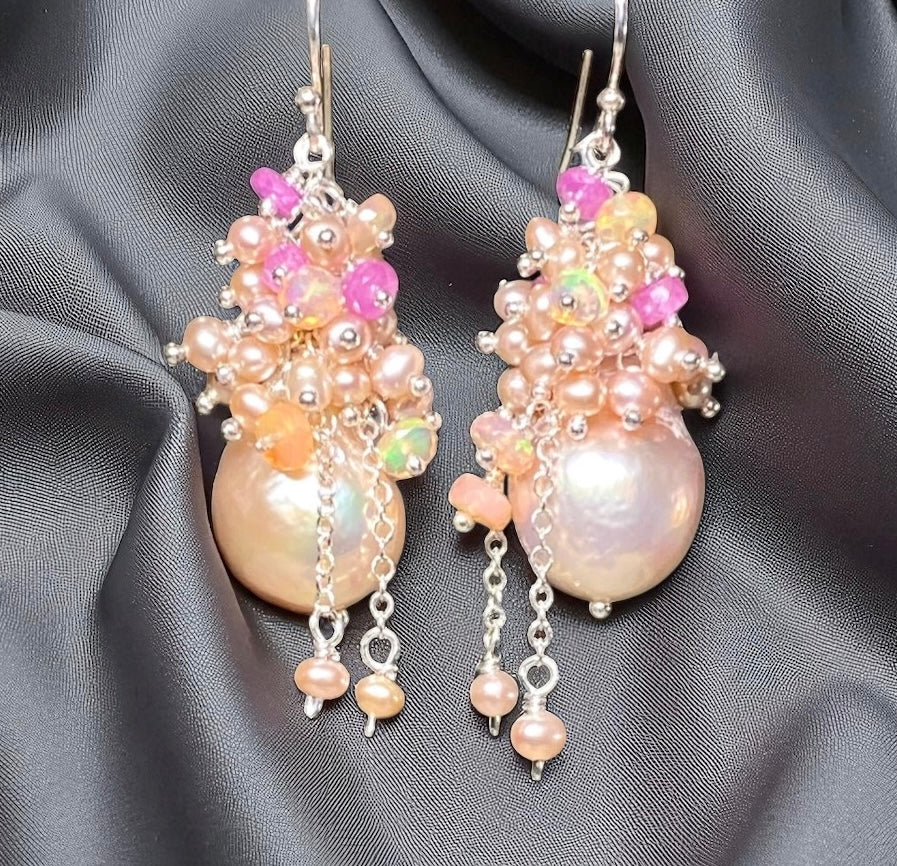 Pink Blush Baroque Pearls Opal, Sapphire Pearl Cluster Earrings
