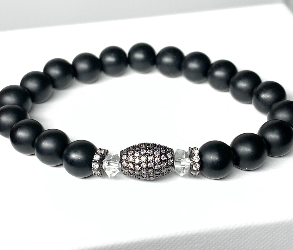 Black Onyx Stretch Bracelet with Black Pave CZ and Crystal Quartz