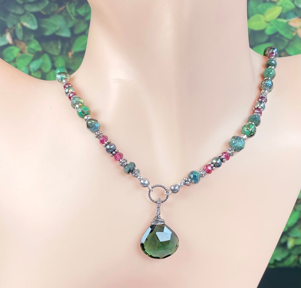 Green Quartz Pendant Necklace: Garnet, Turquoise, Pearl, Moonstone Sterling Silver