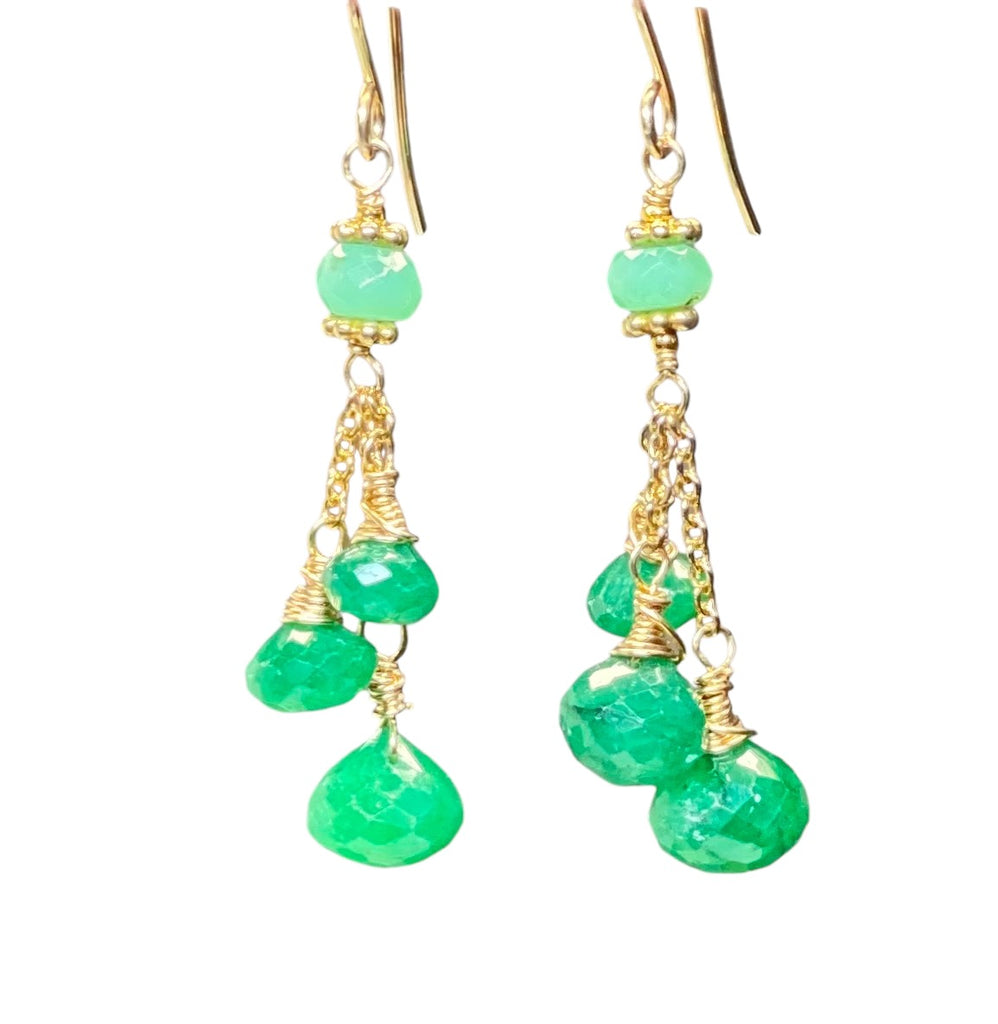 Emerald and Chrysoprase Dangle Earrings in Gold Fill