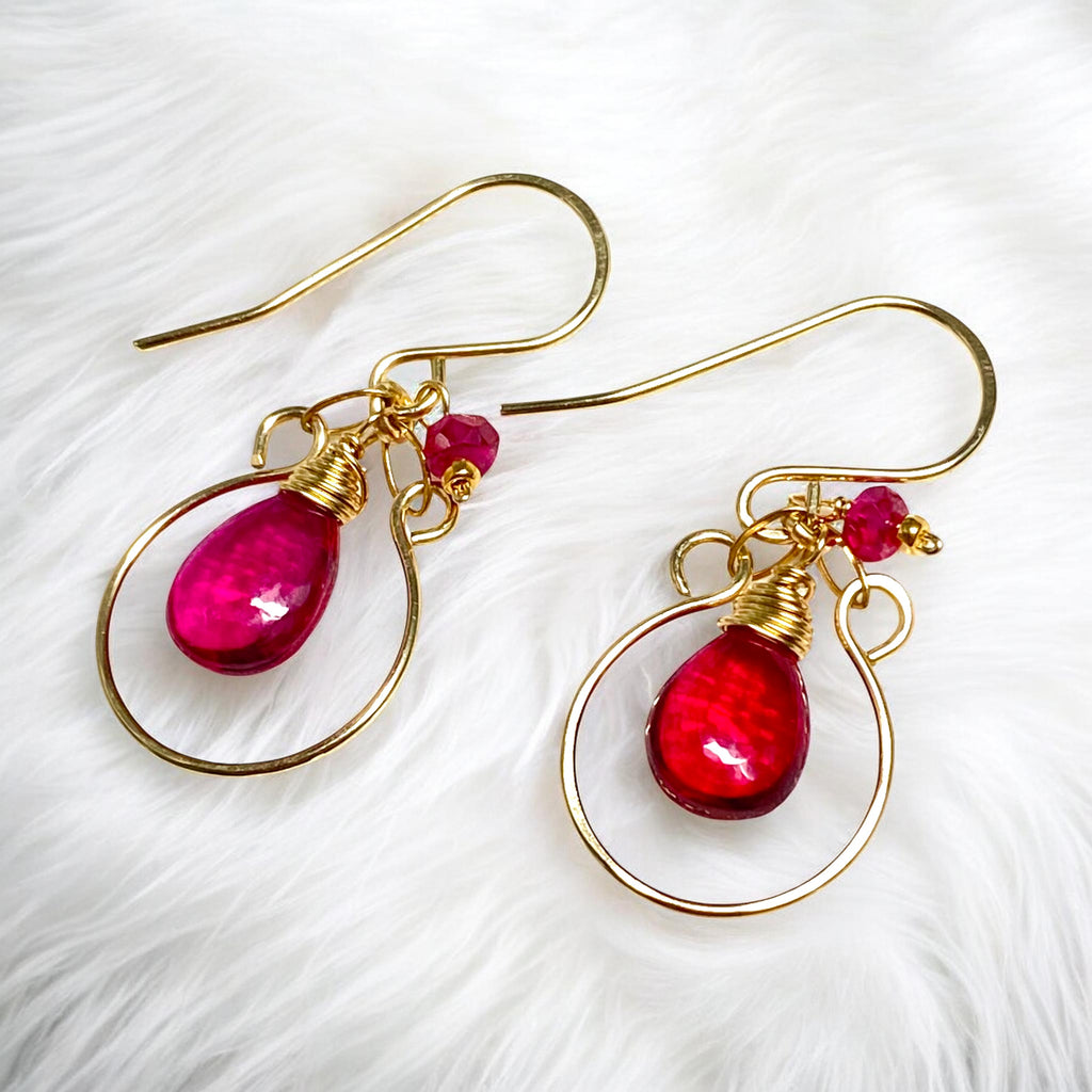 Rubellite Quartz and Ruby Gemstone Hoop Earrings Gold Fill - Doolittle
