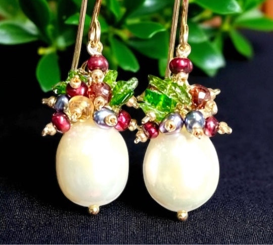 Pearl Cluster Earrings with Red, Green Gemstone Clusters