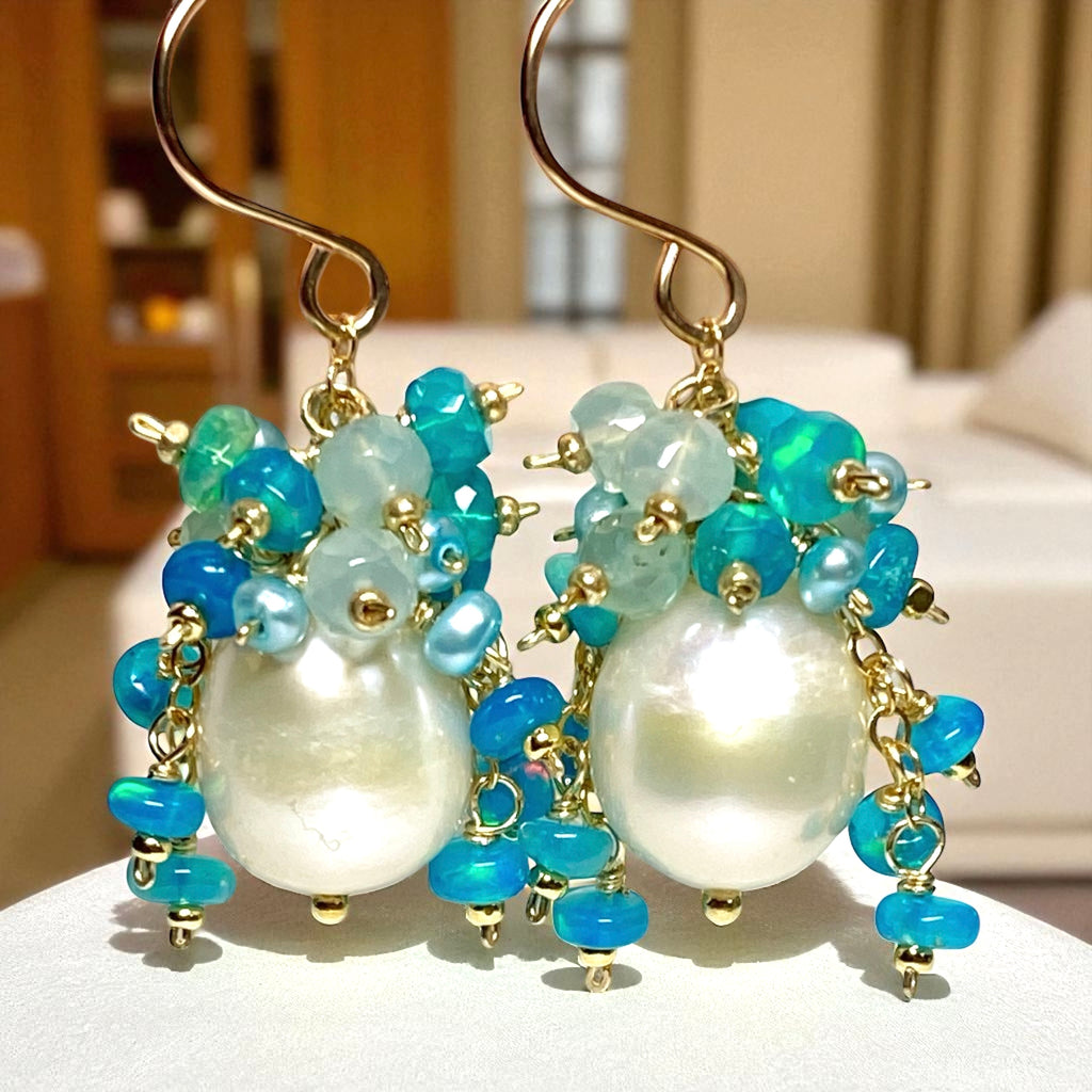 Aqua Gemstone Pearl Cluster Earrings with Opals