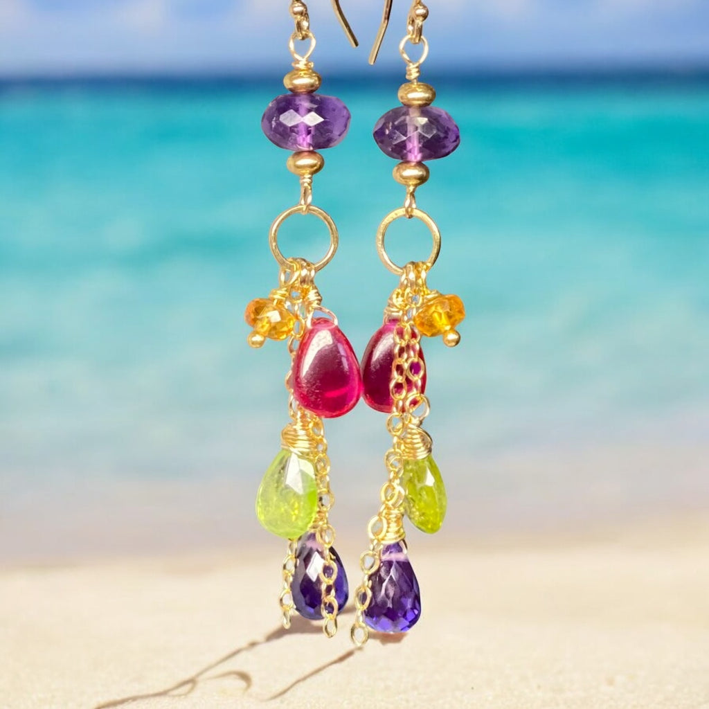 Gemstone Long Chain Dangle Earrings, Amethyst, Rubellite, Peridot, Gold Fill