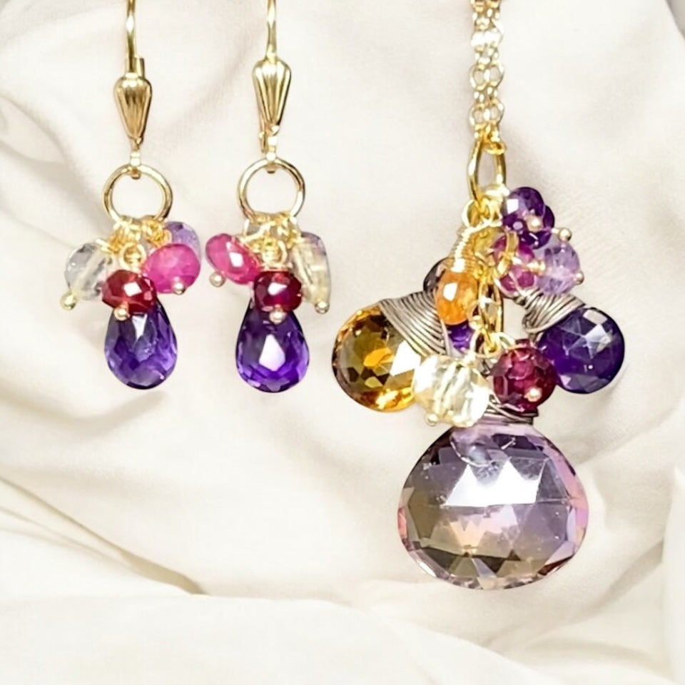 Ametrine Pendant Necklace Set and Amethyst Dangle Earrings