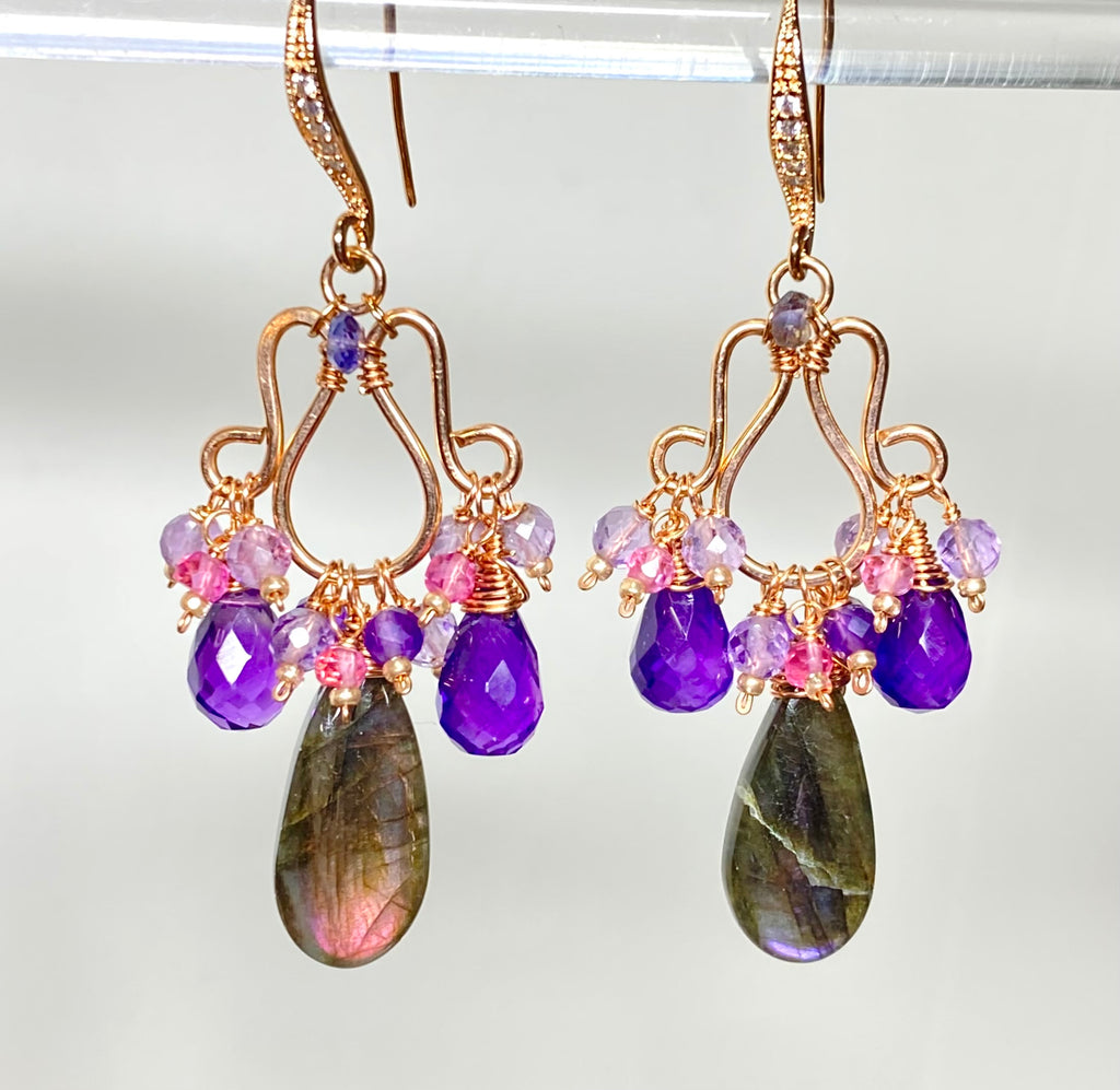 Purple Labradorite and Amethyst Chandelier Earrings in Rose Gold Fill