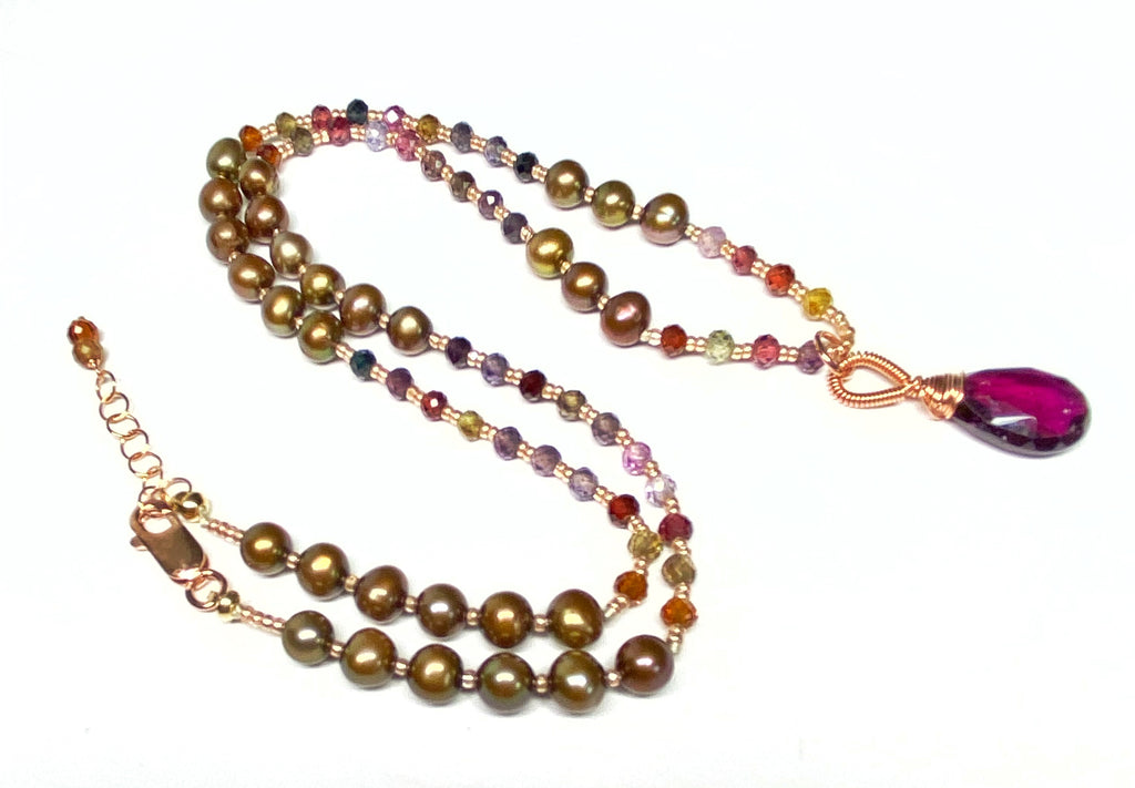 Rhodolite Garnet and Pearl Silk Knotted Necklace 2