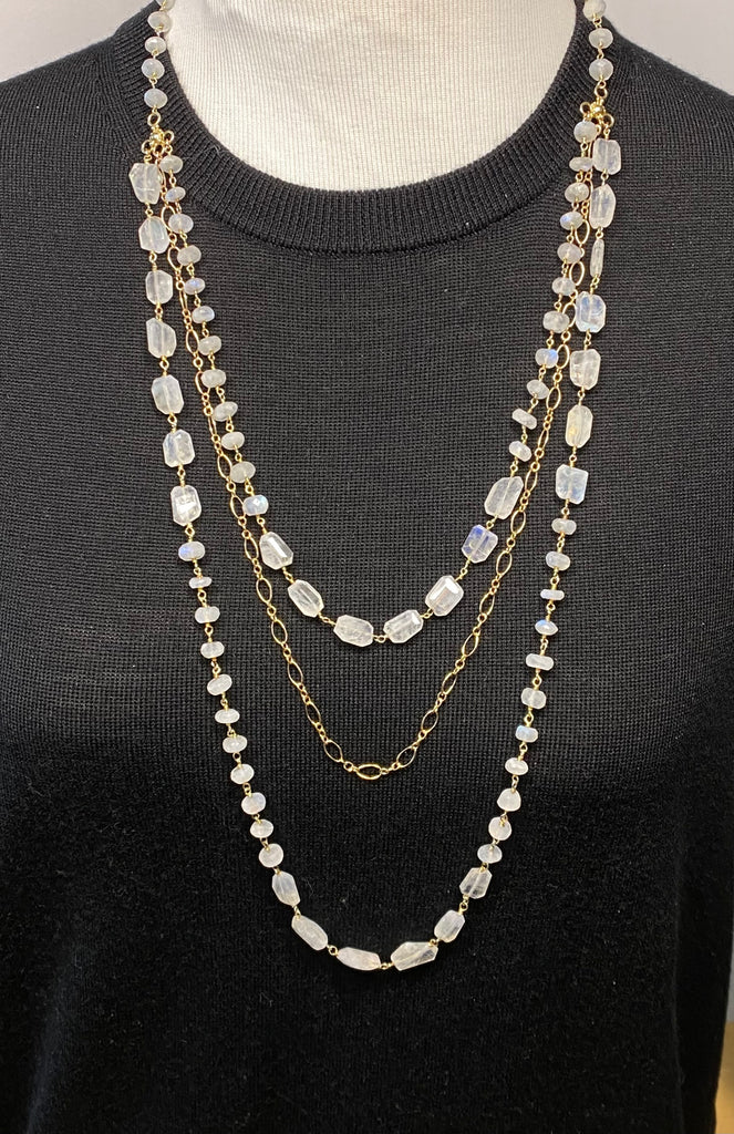 Rainbow Moonstone Triple Strand Long Necklace - Doolittle