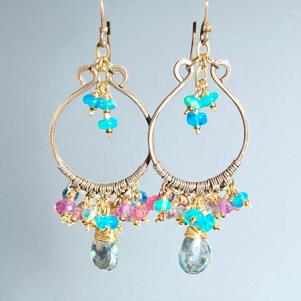 Oxidized Silver Hoop Chandelier Earrings, Aqua Opal, Pink Sapphire, Mixed Metals 1
