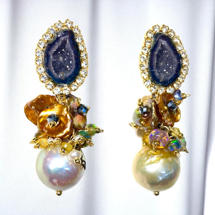 Black Tabasco Geode Pond Slime Pearl Dangle Earrings Diamond Look