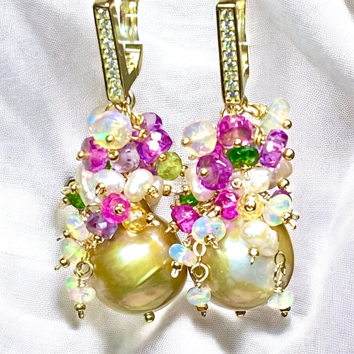 Pond-slime Baroque Pearl and Gemstone Cluster Earrings with Violet Sapphire
