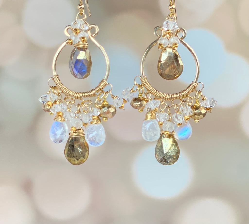Rainbow Moonstone and Gold Labradorite Chandelier Hoop Earrings — Herkimer Diamond Gold Fill