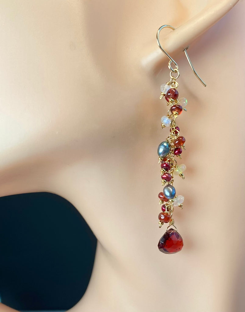 Red Garnet, Cranberry Pearl & Ethiopian Opal Long Dangle Earrings, Gold Fill - Doolittle