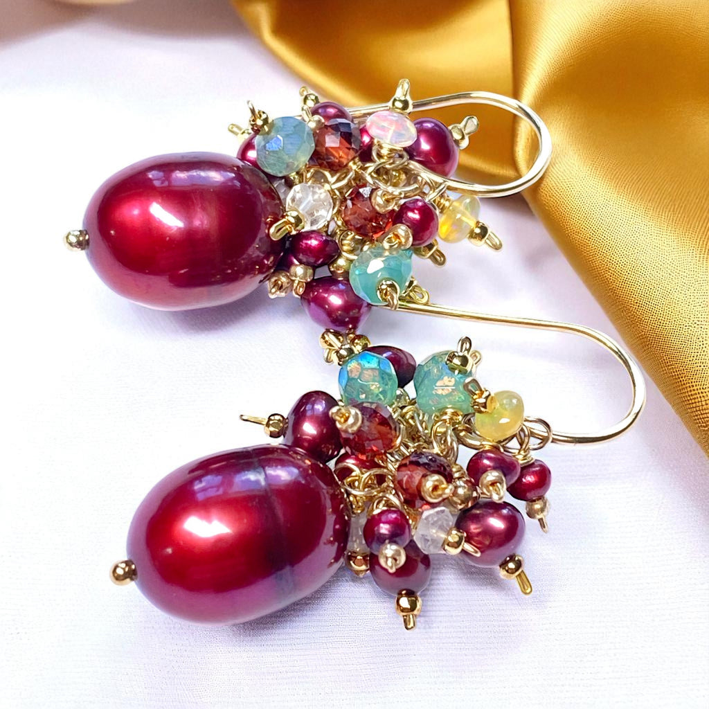 Red Pearl Gemstone Cluster Earrings, Gold Fill