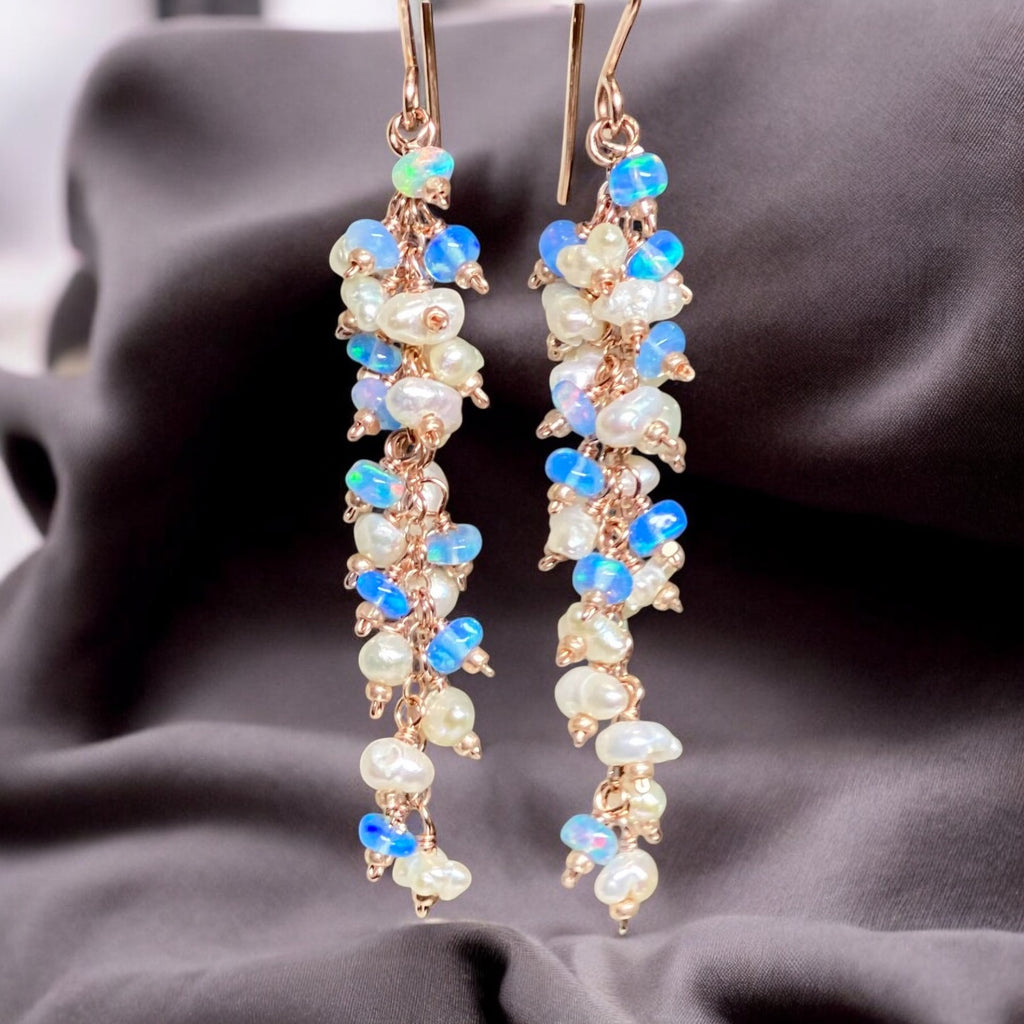 Blue Ethiopian Opal and Keishi Pearl Tassel Dangle Earrings Rose Gold