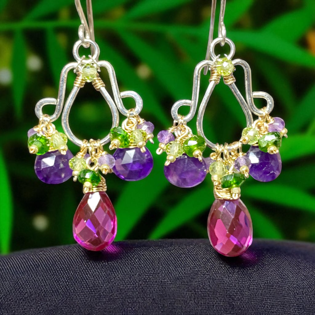Amethyst, Rhodolite Mixed Metal Chandelier Earrings - Purple, Violet, Green