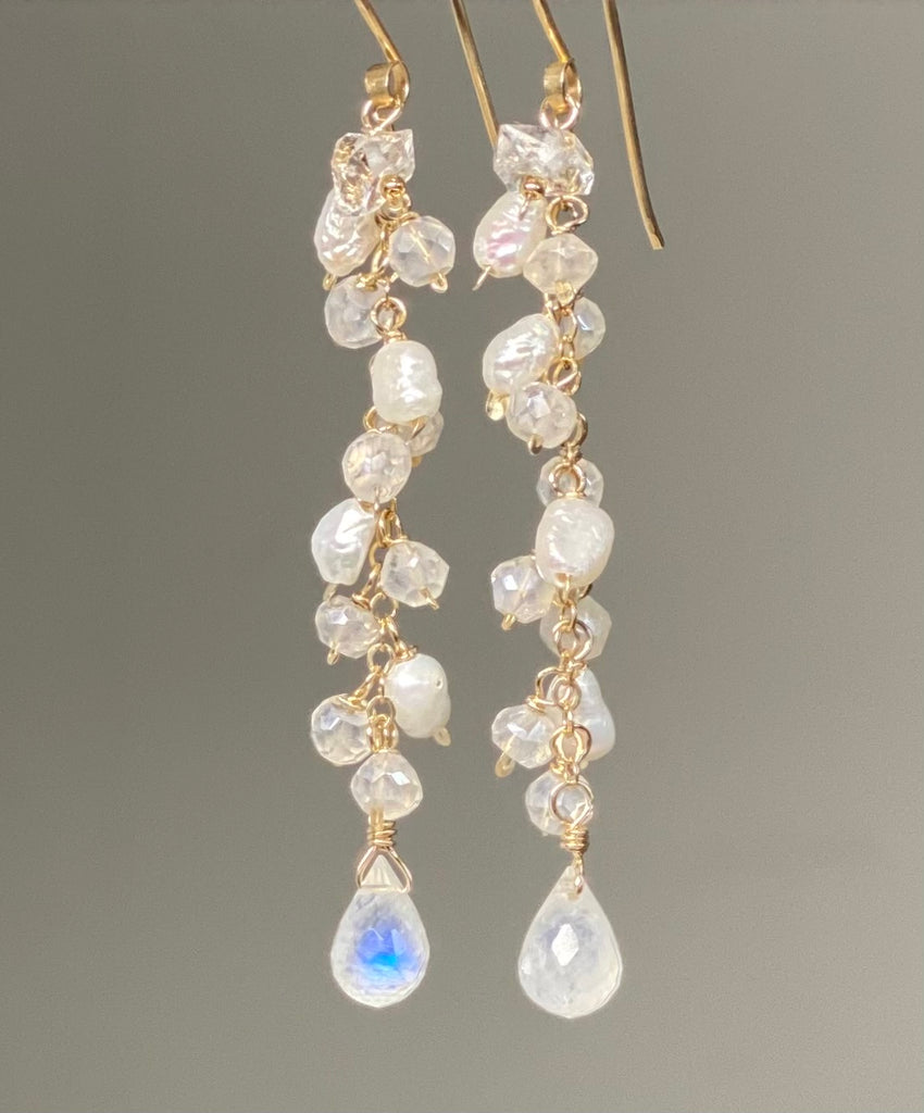 Rainbow Moonstone and Pearl Long Dangle Earrings - Rose Gold, Sterling Silver, Gold Fill