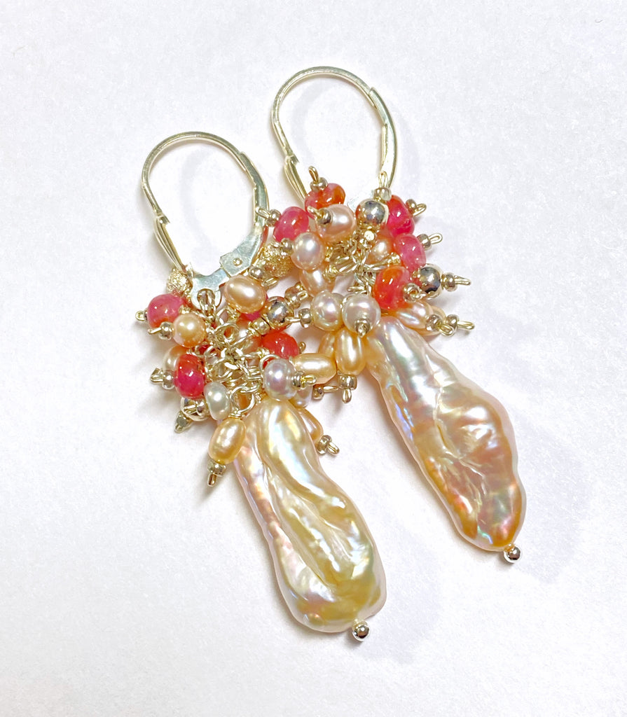Blush Pink Biwa Pearl Pink Sapphire Cluster Earrings Sterling Silver
