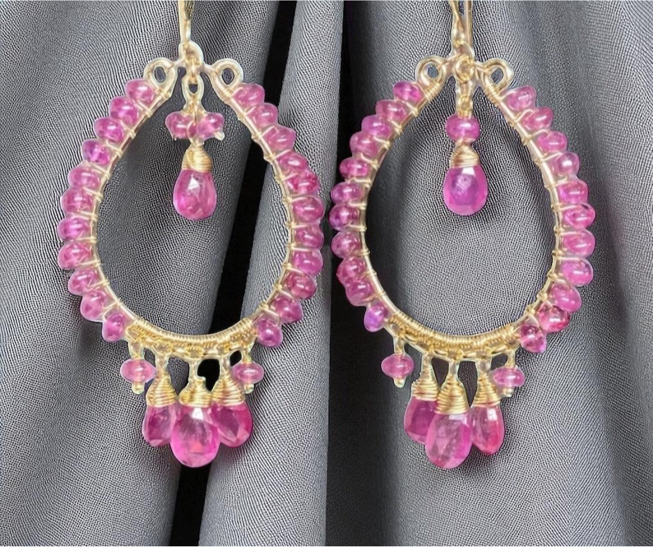 Pink Sapphire Chandelier Hoop Earrings Gold Fill