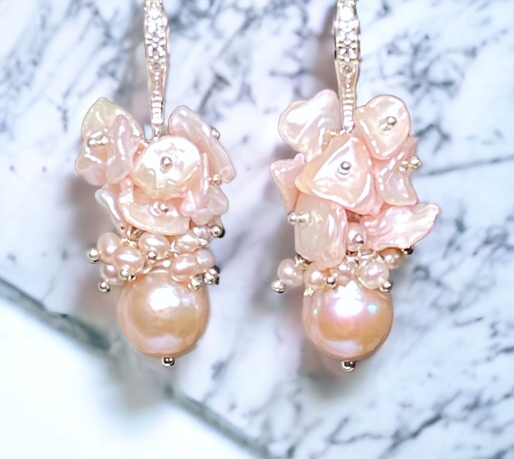 Pink Pearl Cluster Earrings, Blush Pink Keishi Pearls