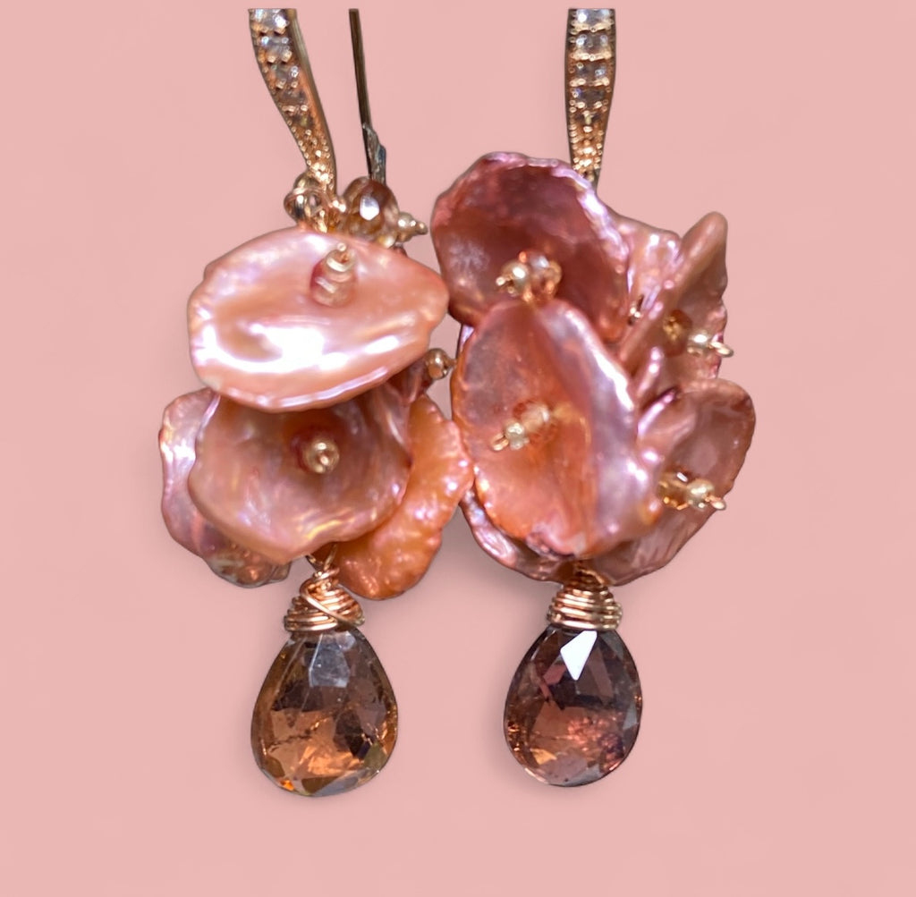 Tourmaline, Sapphire and Coral Keishi Pearl Cluster Earrings Rose Gold