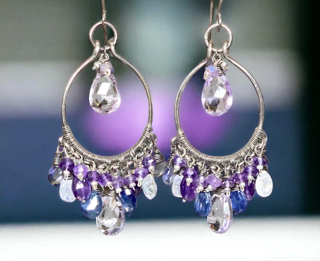 Blue Purple Gemstone Chandelier Hoop Earrings Oxidized Silver