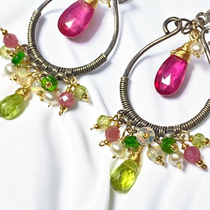 Pink Sapphire, Peridot, Oxidized Silver Hoop Chandelier Earrings, Mixed Metals 3