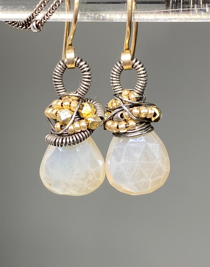 Mystic Ivory Chalcedony Mixed Metal Necklace Earrings Set