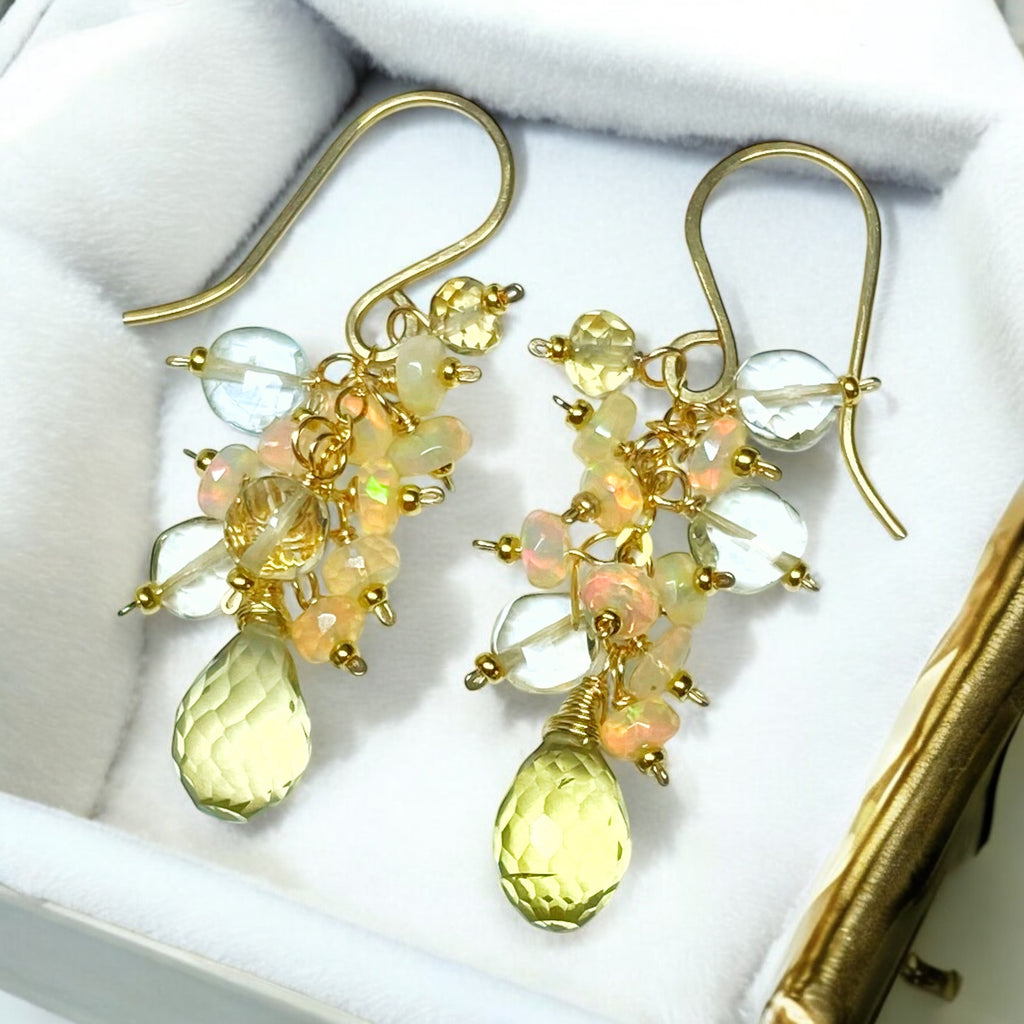 Yellow Lemon Quartz and Ethiopian Opal Dangle Earrings Gold