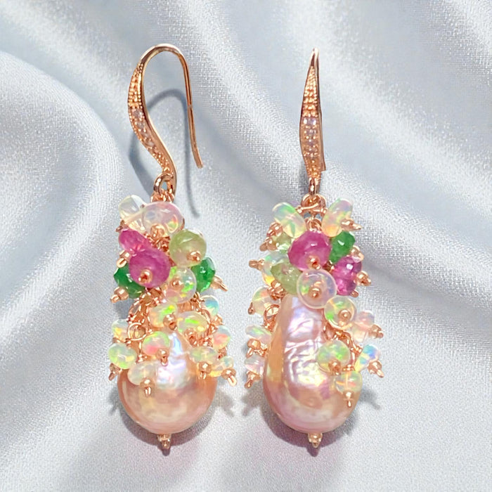 Flameball Baroque Metallic Edison Pink Gold Pearl Cluster Earrings