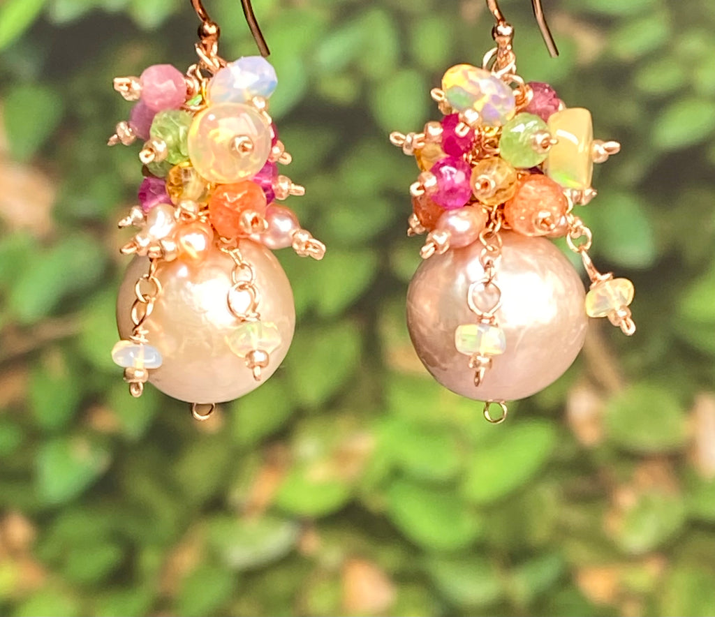 Blush Pearl Multicolor Opal Gemstone Cluster Earrings Rose Gold Fill