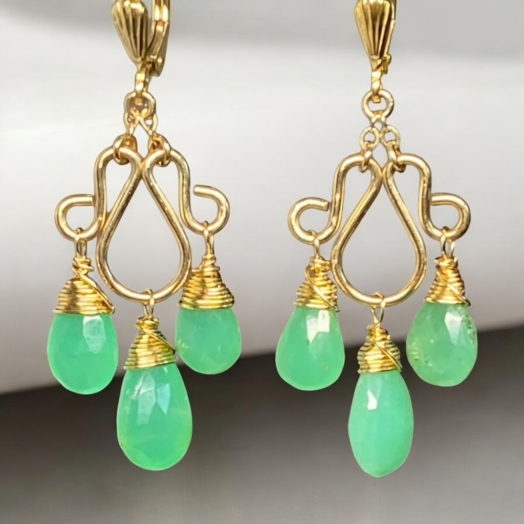 Green Chrysoprase Gemstone Chandelier Earrings Gold