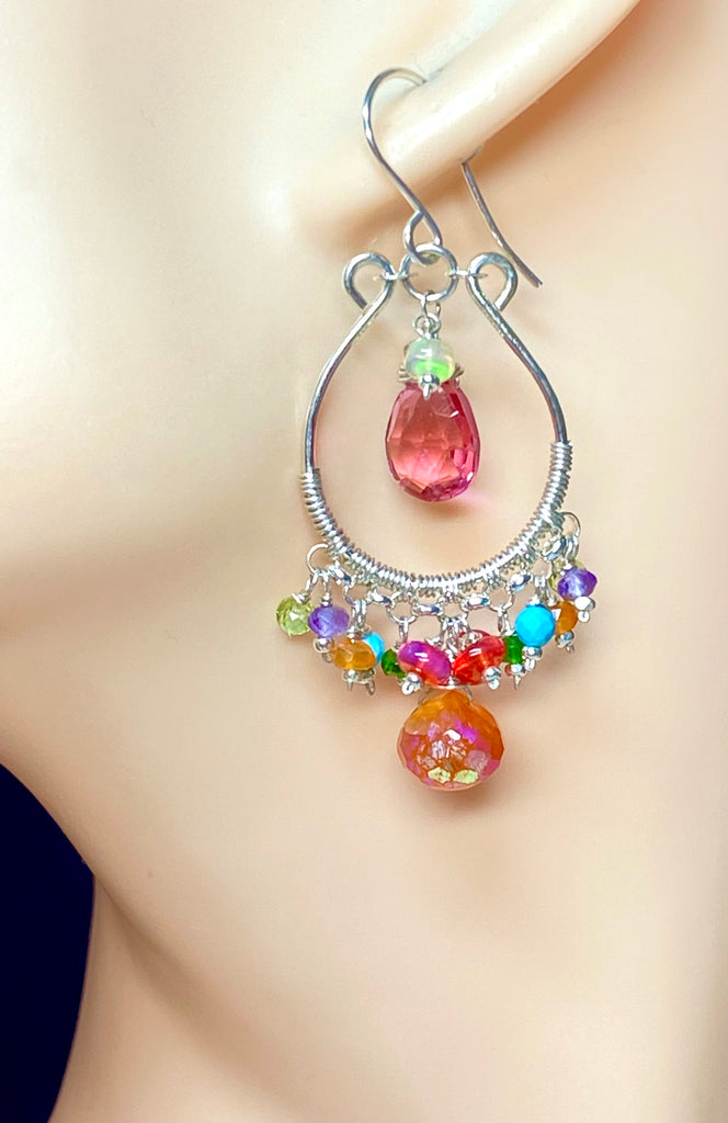 Pink, Orange, Multi Gemstone Sterling Silver Hoop Chandelier Earrings