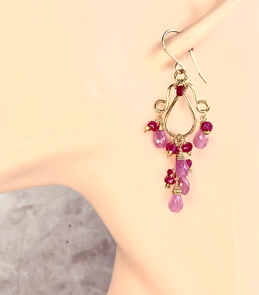 Pink Sapphire and Ruby Chandelier Earrings in Gold Fill