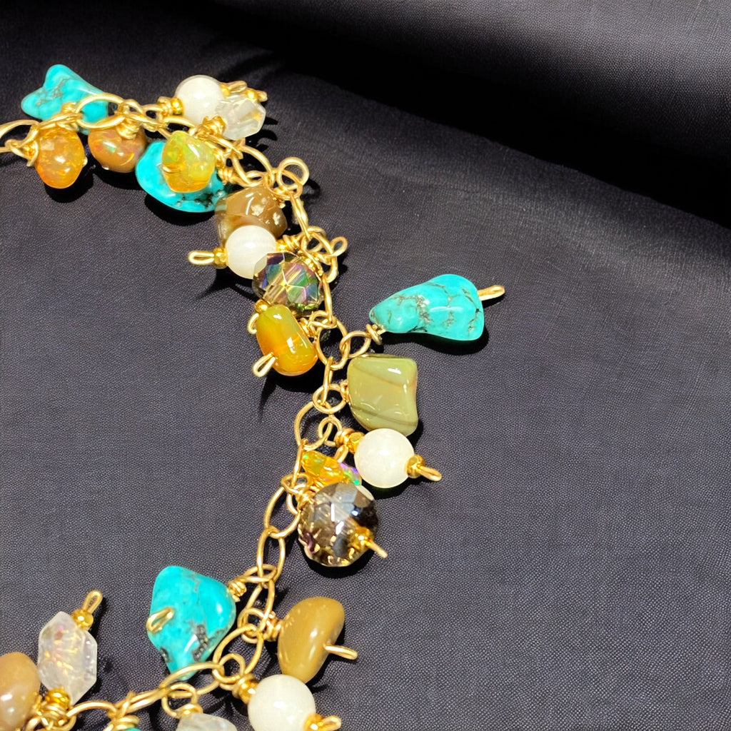 Dainty, Colorful Gemstone and Turquoise Handmade Gold Bracelet