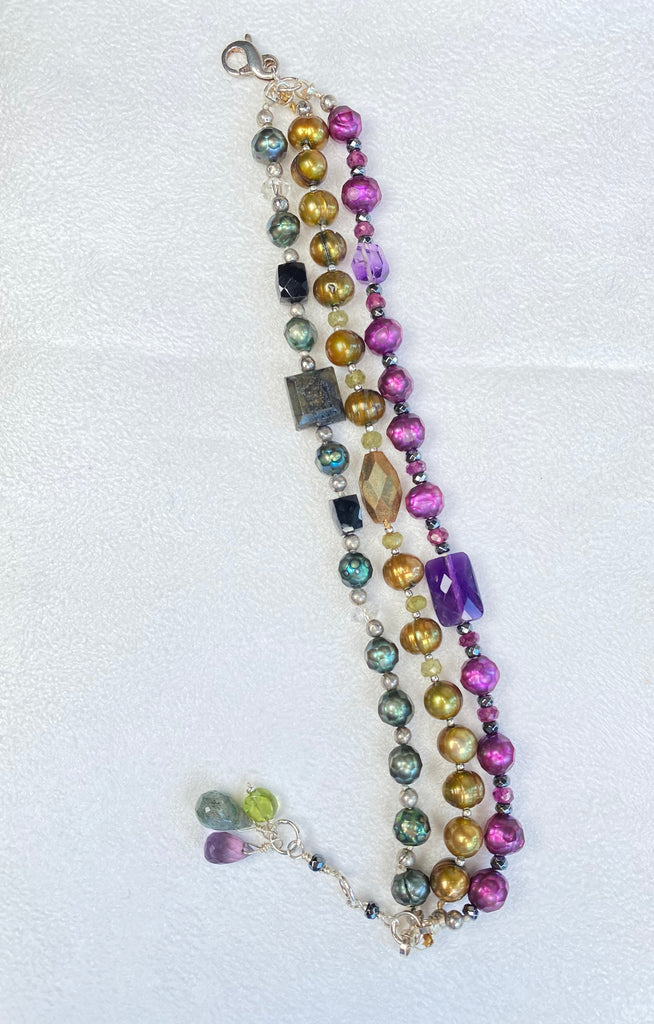 Colorful Triple-Strand Pearl & Gemstone Clasp Bracelet
