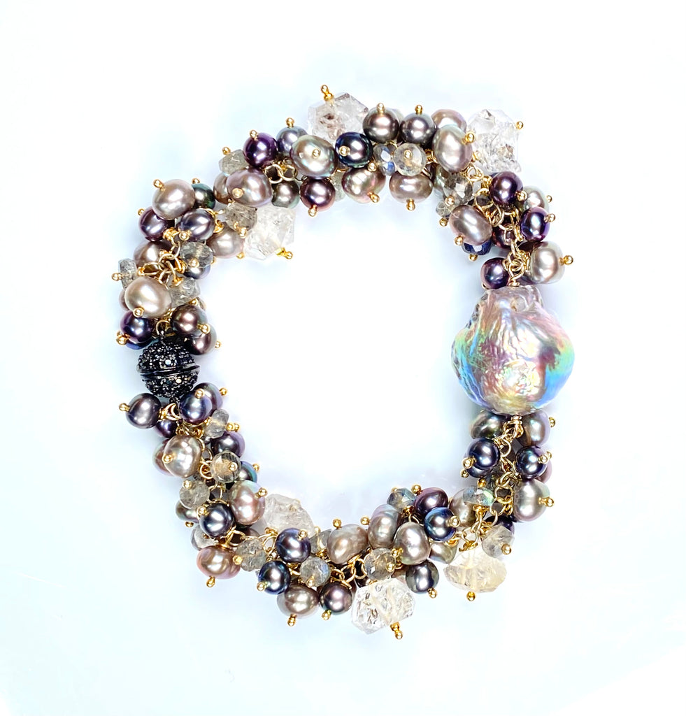 Silver Grey Baroque Pearl Cluster Bracelet — Herkimer Quartz & Labradorite